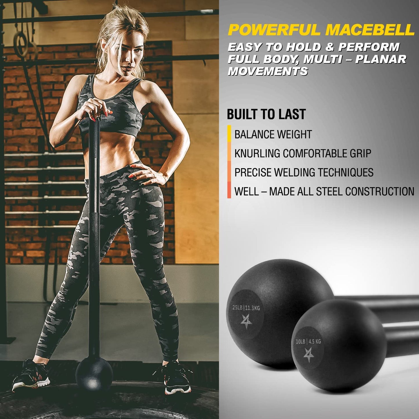 Full Body Steel Mace Bell, Stretching 5, 7, 10, 15, 20, 25, 30 LB for both woman and man